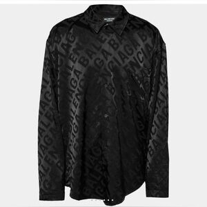 Balenciaga Black Satin Allover Logo Oversized Long Sleeves Shirt XL—- XXL